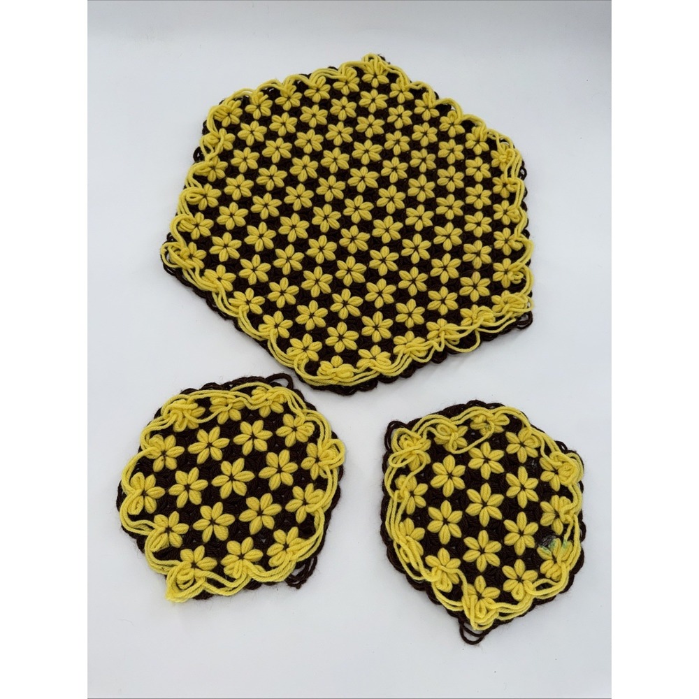 Trivets Handmade Crochet Set Granny Vtg Potholders Mid Century Yellow & Brown